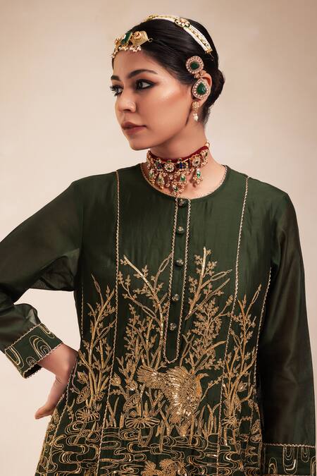 Shop_Rasasvada_Green Chanderi Embroidery Round Neck Victorian Garden High Low Anarkali Set _Online_at_Aza_Fashions