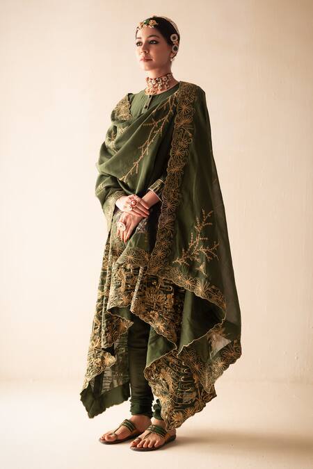 Rasasvada_Green Chanderi Embroidery Round Neck Victorian Garden High Low Anarkali Set _at_Aza_Fashions