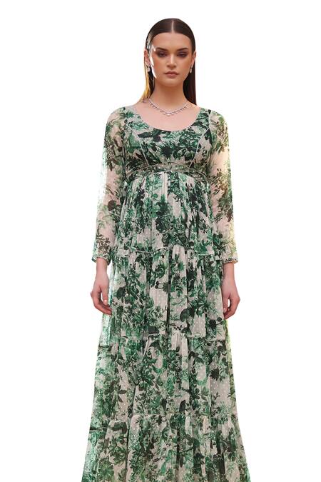 Shop_Rasasvada_Green Chiffon Round Neck Fleur Garden Print Swiss Dot Maxi Dress _Online_at_Aza_Fashions
