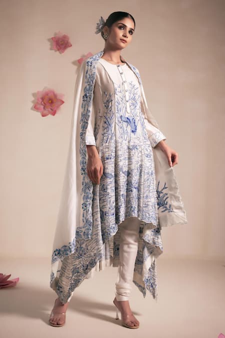 Rasasvada Blue Chanderi Embroidery Padma Garden Round Neck High Low Anarkali Set 