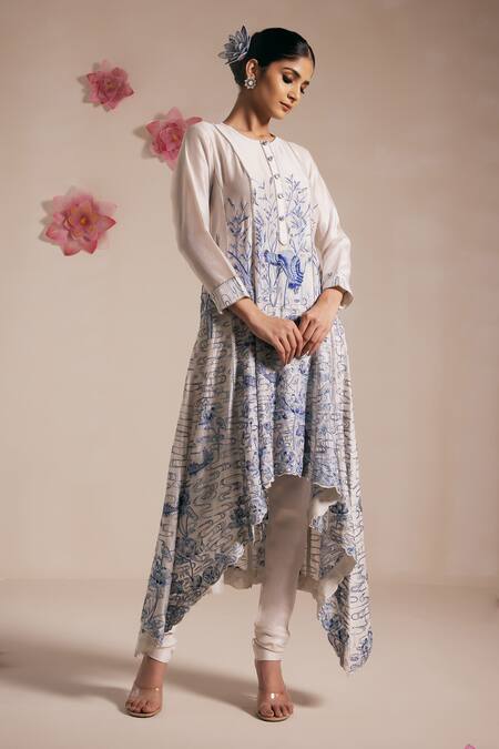 Rasasvada_Blue Chanderi Embroidery Round Neck Padma Garden High Low Anarkali Set _Online_at_Aza_Fashions