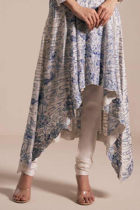 Buy_Rasasvada_Blue Chanderi Embroidery Round Neck Padma Garden High Low Anarkali Set _Online_at_Aza_Fashions