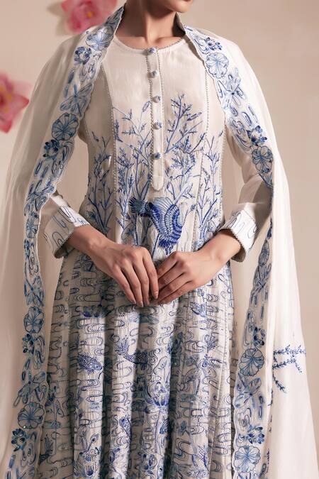 Buy_Rasasvada_Blue Chanderi Embroidery Round Neck Padma Garden High Low Anarkali Set 