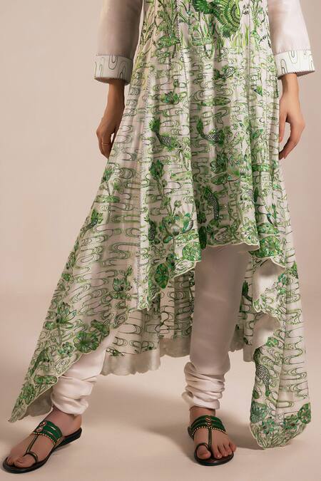Rasasvada_Green Chanderi Embroidery Round Neck Wonderland Garden High Low Anarkali Set _Online_at_Aza_Fashions