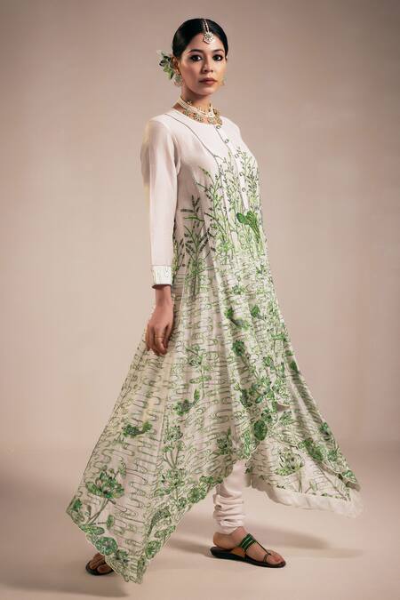 Buy_Rasasvada_Green Chanderi Embroidery Round Neck Wonderland Garden High Low Anarkali Set _Online_at_Aza_Fashions