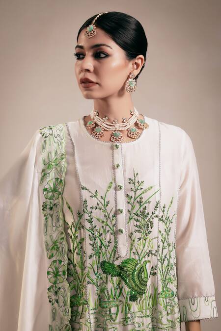 Shop_Rasasvada_Green Chanderi Embroidery Round Neck Wonderland Garden High Low Anarkali Set _Online_at_Aza_Fashions