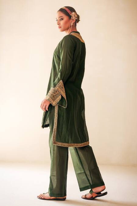 Shop_Rasasvada_Green Chanderi Embroidery Mandarin Collar Ivy Vine Kurta Pant Set _Online_at_Aza_Fashions