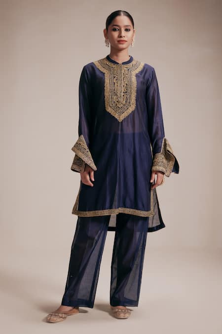 Rasasvada Blue Chanderi Embroidery Cutdana Round Collar Kurta And Trouser Set 