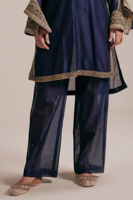 Rasasvada_Blue Chanderi Cut Work, Sequins Round Neck Embroidered Kurta And Trouser Set _Online_at_Aza_Fashions
