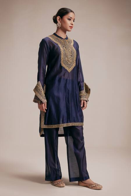 Buy_Rasasvada_Blue Chanderi Cut Work, Sequins Round Neck Embroidered Kurta And Trouser Set _Online_at_Aza_Fashions