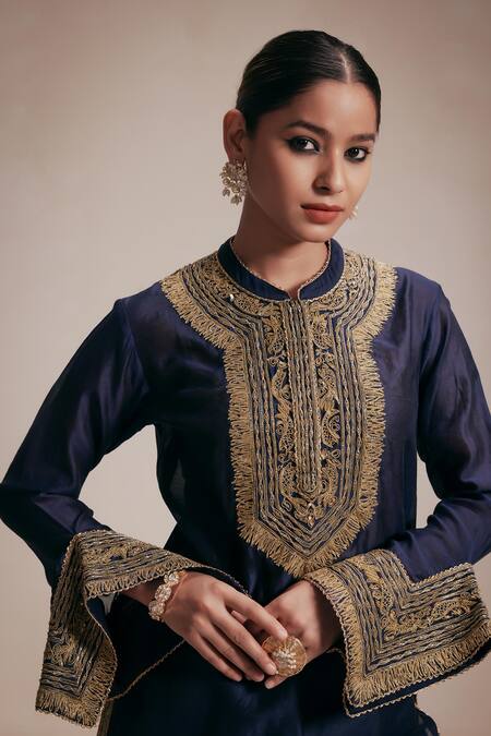 Shop_Rasasvada_Blue Chanderi Cut Work, Sequins Round Neck Embroidered Kurta And Trouser Set _Online_at_Aza_Fashions