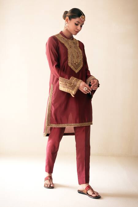 Rasasvada_Maroon Chanderi Cut Work, Sequins, Embroidery Round Neck Kurta Trouser Set _Online_at_Aza_Fashions