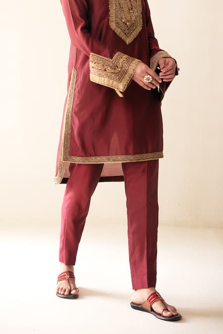 Buy_Rasasvada_Maroon Chanderi Cut Work, Sequins, Embroidery Round Neck Kurta Trouser Set _Online_at_Aza_Fashions