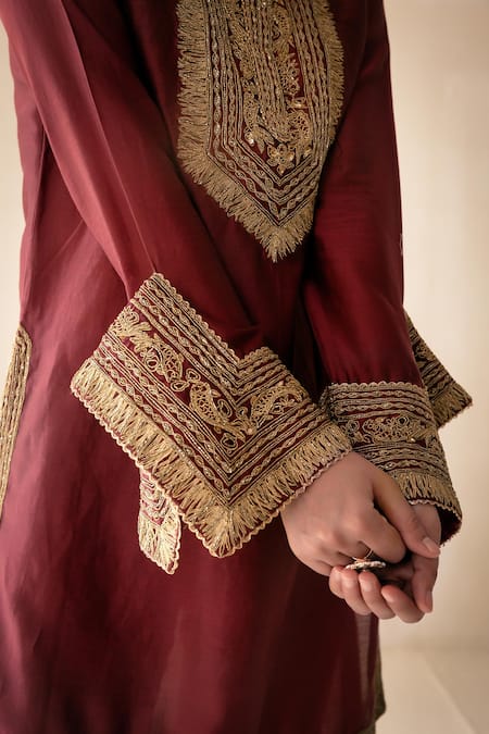 Shop_Rasasvada_Maroon Chanderi Cut Work, Sequins, Embroidery Round Neck Kurta Trouser Set _Online_at_Aza_Fashions