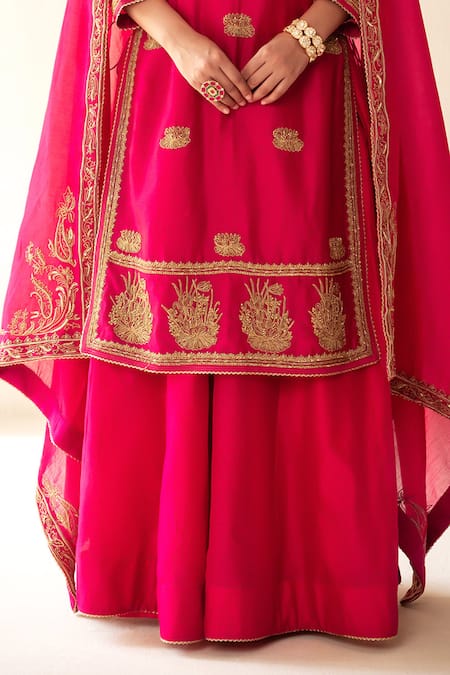 Rasasvada_Pink Chanderi Sequins, Cut Work, Embroidery Round Neck Kurta Skirt Set _Online_at_Aza_Fashions