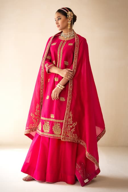 Buy_Rasasvada_Pink Chanderi Sequins, Cut Work, Embroidery Round Neck Kurta Skirt Set _Online_at_Aza_Fashions