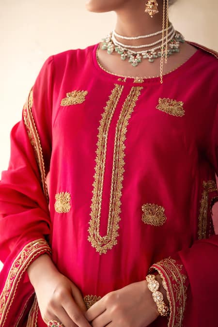 Shop_Rasasvada_Pink Chanderi Sequins, Cut Work, Embroidery Round Neck Kurta Skirt Set _Online_at_Aza_Fashions