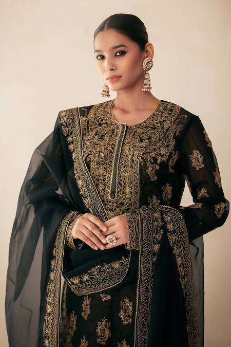 Rasasvada Black Organza, Cotton Cut Work, Sequins, Embroidery Round Floral Kurta Pant Set Online at Aza Fashions Rasasvada_Black Organza, Cotton Cut Work, Sequins, Embroidery Round Floral Kurta Pant Set _Online_at_Aza_Fashions