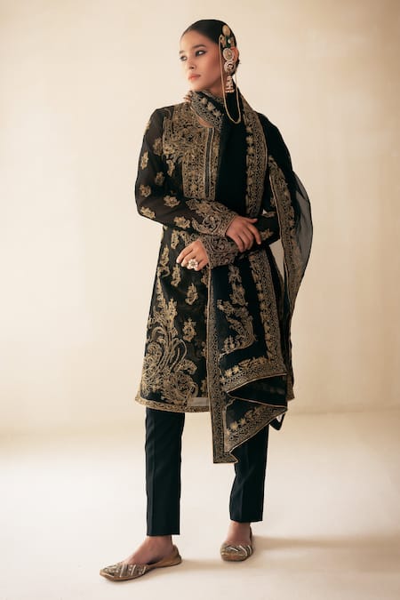 Buy Rasasvada Black Organza, Cotton Cut Work, Sequins, Embroidery Round Floral Kurta Pant Set Online at Aza Fashions Buy_Rasasvada_Black Organza, Cotton Cut Work, Sequins, Embroidery Round Floral Kurta Pant Set _Online_at_Aza_Fashions