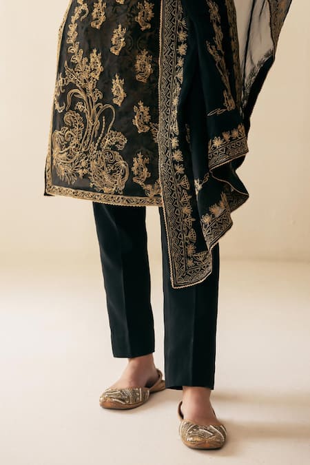 Shop Rasasvada Black Organza, Cotton Cut Work, Sequins, Embroidery Round Floral Kurta Pant Set Online at Aza Fashions Shop_Rasasvada_Black Organza, Cotton Cut Work, Sequins, Embroidery Round Floral Kurta Pant Set _Online_at_Aza_Fashions