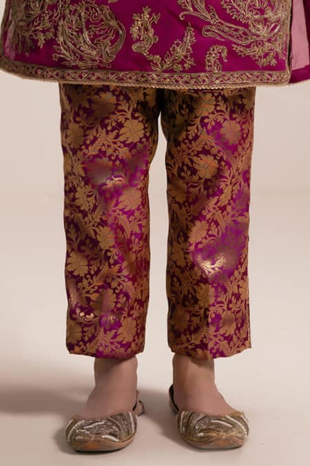 Buy_Rasasvada_Magenta Organza, Brocade Cut Work, Sequins, Embroidery Flower Kurta And Pant Set _Online_at_Aza_Fashions