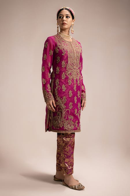Shop_Rasasvada_Magenta Organza, Brocade Cut Work, Sequins, Embroidery Flower Kurta And Pant Set _Online_at_Aza_Fashions