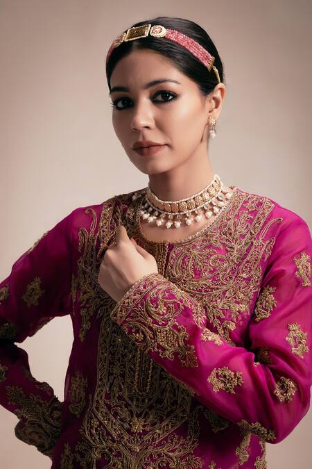Rasasvada_Magenta Organza, Brocade Cut Work, Sequins, Embroidery Flower Kurta And Pant Set _at_Aza_Fashions