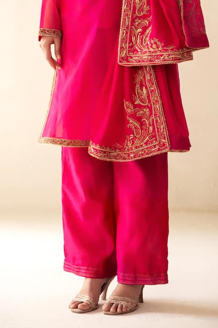 Rasasvada_Pink Organza Sequins, Embroidery Round Neck Cutdana Kurta Pyjama Set _Online_at_Aza_Fashions
