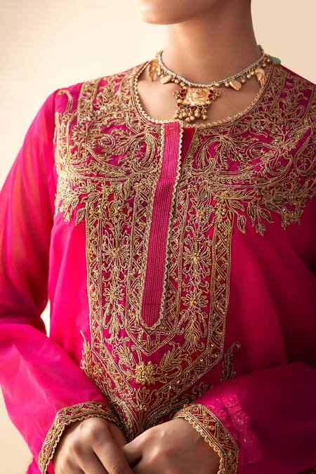 Shop_Rasasvada_Pink Organza Sequins, Embroidery Round Neck Cutdana Kurta Pyjama Set _Online_at_Aza_Fashions