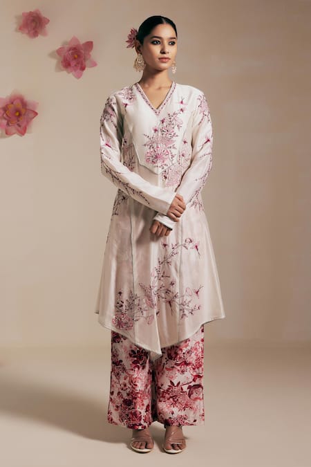 Rasasvada_Pink Chanderi Embroidery, Sequins, Beads V-neck Hand Kurta Pant Set _Online_at_Aza_Fashions
