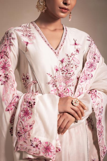 Shop_Rasasvada_Pink Chanderi Embroidery, Sequins, Beads V-neck Hand Kurta Pant Set _Online_at_Aza_Fashions