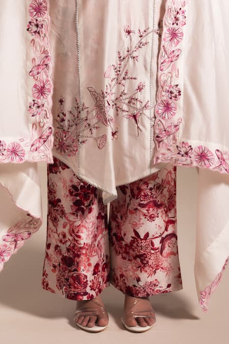 Rasasvada_Pink Chanderi Embroidery, Sequins, Beads V-neck Hand Kurta Pant Set _at_Aza_Fashions