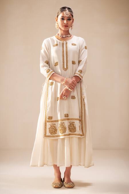 Rasasvada_Gold Chanderi Sequins, Cut Work Round Embroidered Kurta With Attached Sharara _Online_at_Aza_Fashions
