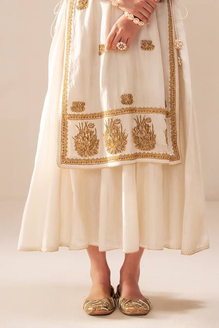 Buy_Rasasvada_Gold Chanderi Sequins, Cut Work Round Embroidered Kurta With Attached Sharara _Online_at_Aza_Fashions