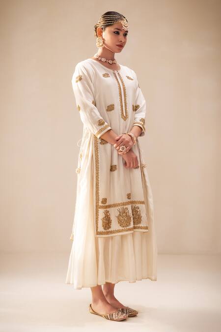 Shop_Rasasvada_Gold Chanderi Sequins, Cut Work Round Embroidered Kurta With Attached Sharara _Online_at_Aza_Fashions