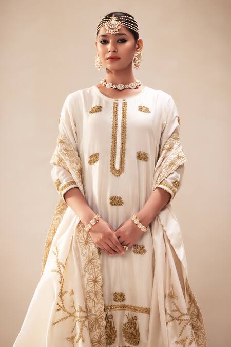 Rasasvada_Gold Chanderi Sequins, Cut Work Round Embroidered Kurta With Attached Sharara _at_Aza_Fashions