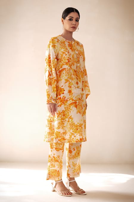 Shop_Rasasvada_Yellow Chanderi Embroidery Round Neck Floral Print Kurta With Pant _Online_at_Aza_Fashions