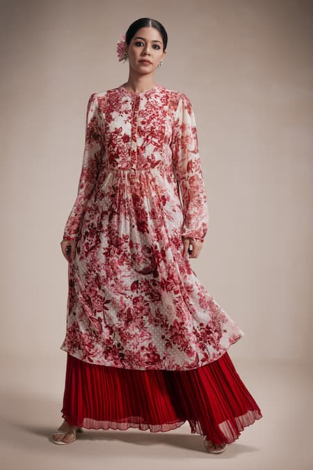 Rasasvada Maroon Chiffon Embroidery Floral Round Flower Bloom Print Kurta With Sharara 