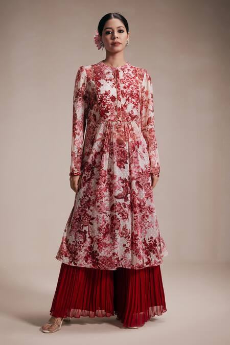 Rasasvada_Maroon Chiffon Beads, Embroidery Round Flower Bloom Print Kurta With Sharara _Online_at_Aza_Fashions