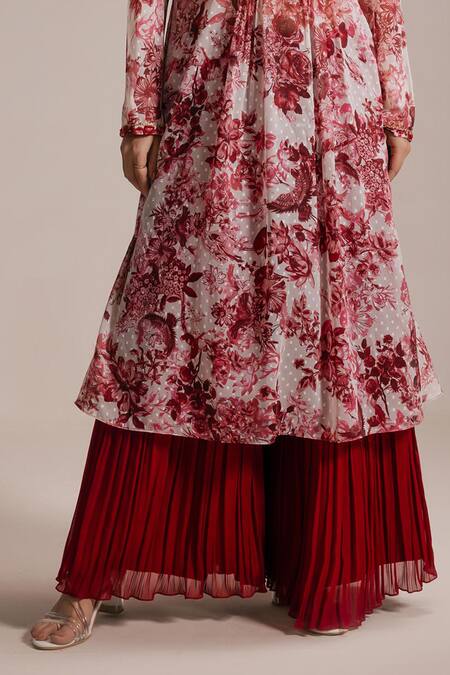 Buy_Rasasvada_Maroon Chiffon Beads, Embroidery Round Flower Bloom Print Kurta With Sharara _Online_at_Aza_Fashions