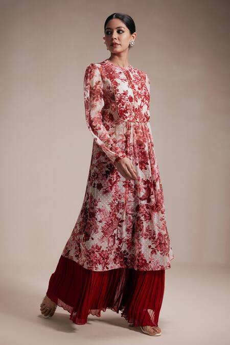 Shop_Rasasvada_Maroon Chiffon Beads, Embroidery Round Flower Bloom Print Kurta With Sharara _Online_at_Aza_Fashions