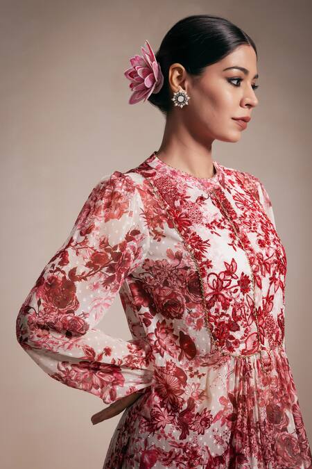 Buy_Rasasvada_Maroon Chiffon Beads, Embroidery Round Flower Bloom Print Kurta With Sharara 