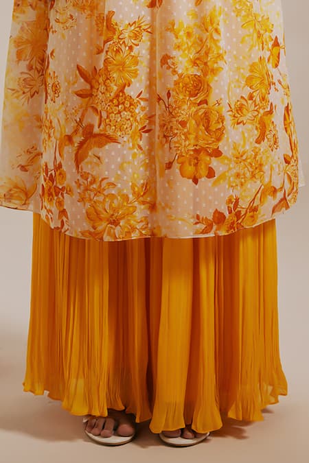 Rasasvada_Yellow Chiffon Sequins, Embroidery Round Floral Bloom Print Kurta With Sharara _Online_at_Aza_Fashions