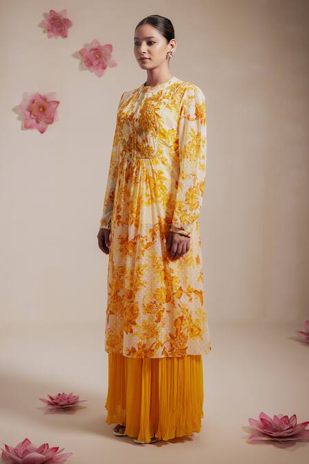 Buy_Rasasvada_Yellow Chiffon Sequins, Embroidery Round Floral Bloom Print Kurta With Sharara _Online_at_Aza_Fashions