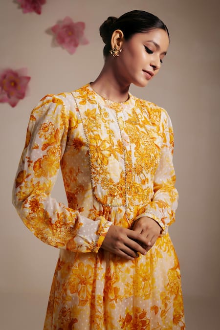 Shop_Rasasvada_Yellow Chiffon Sequins, Embroidery Round Floral Bloom Print Kurta With Sharara _Online_at_Aza_Fashions