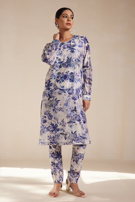 Rasasvada Blue Chanderi Print Floral Round Flower Kurta With Pant 