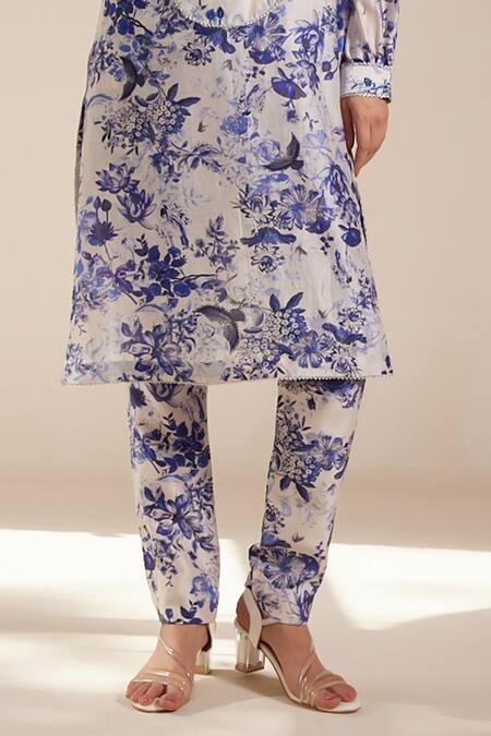 Rasasvada_Blue Chanderi Round Neck Flower Print Kurta With Pant _Online_at_Aza_Fashions
