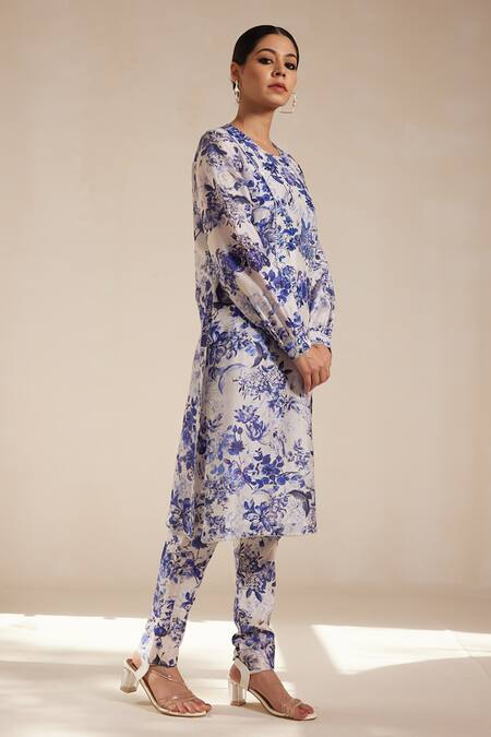 Shop_Rasasvada_Blue Chanderi Round Neck Flower Print Kurta With Pant _Online_at_Aza_Fashions