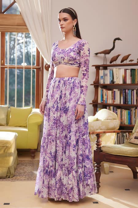 Shop_Rasasvada_Purple Chiffon Scoop Neck Floral Bloom Print Blouse With Skirt _Online_at_Aza_Fashions