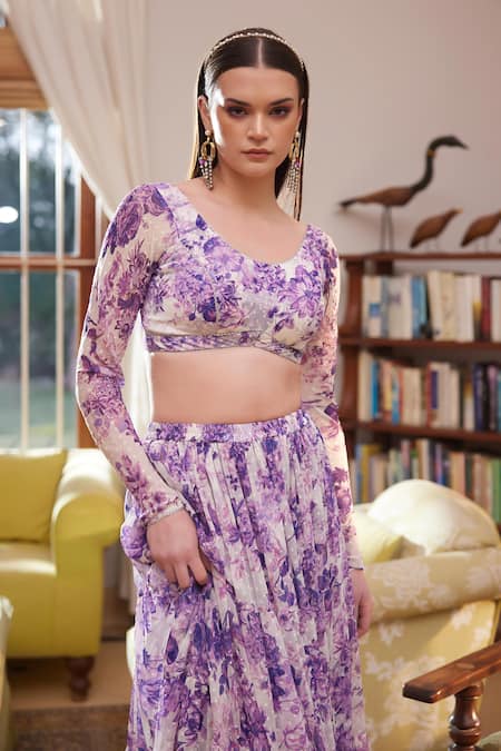 Rasasvada_Purple Chiffon Scoop Neck Floral Bloom Print Blouse With Skirt _at_Aza_Fashions